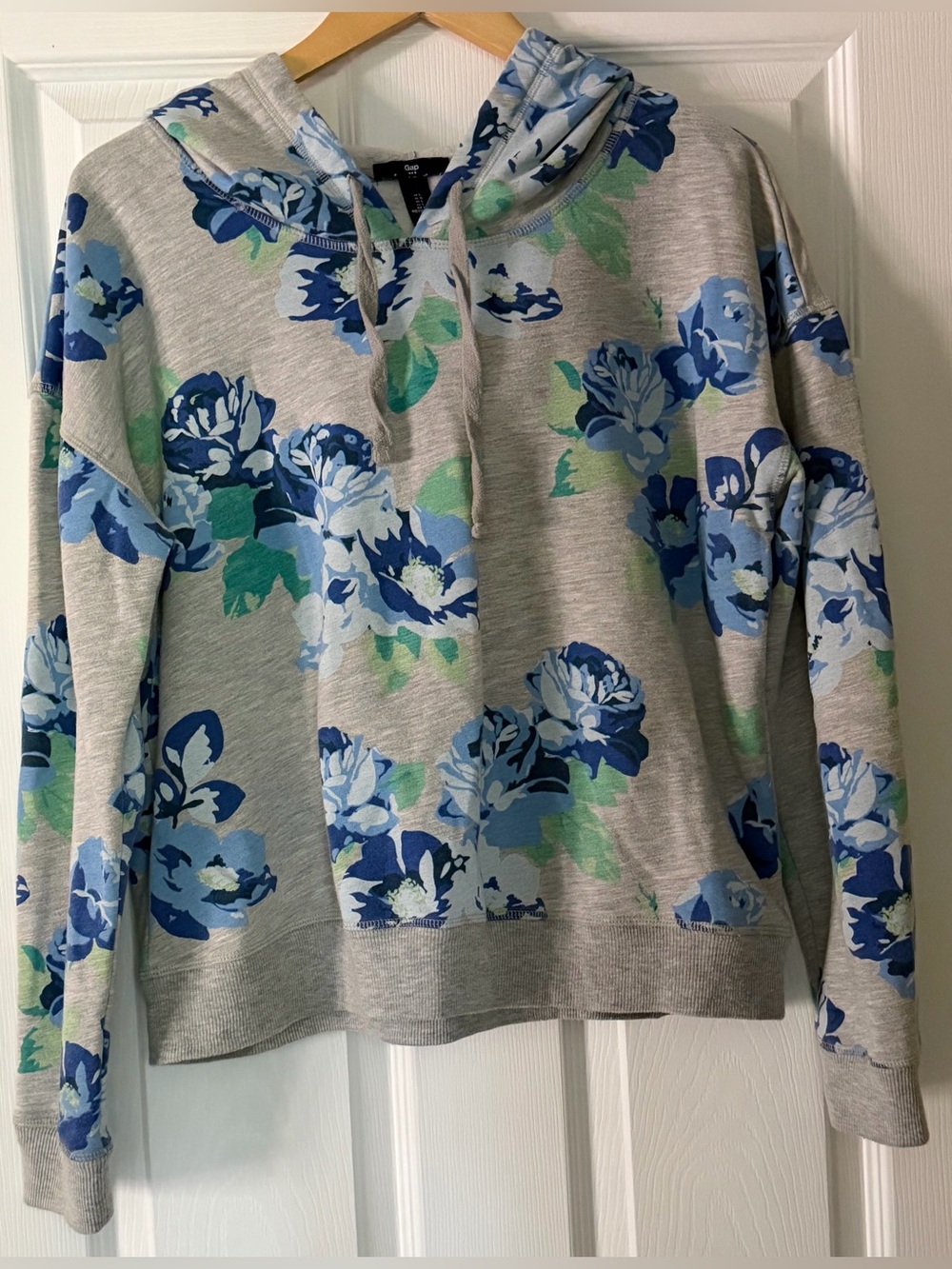 GAP Gray Blue Florals Hoodie Sweatshirt - Women's Casual Pullover Size Large